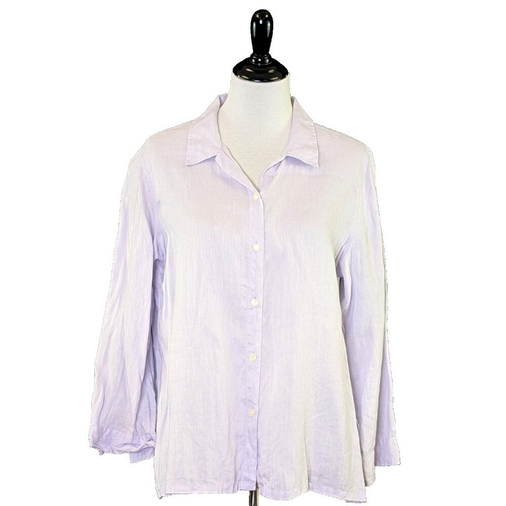 J. Jill 100% Linen Long Sleeve Button Front Blouse Shirt Lavender MEDIUM PETITE